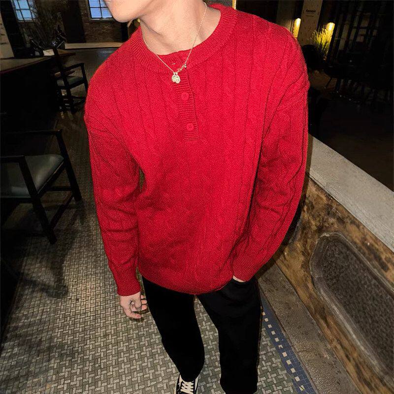 高级感打底红色麻花本命年慵懒针织衫毛衣男款冬季亨利领重工编织