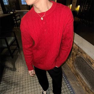 高级感打底红色麻花本命年慵懒针织衫毛衣男款冬季亨利领重工编织