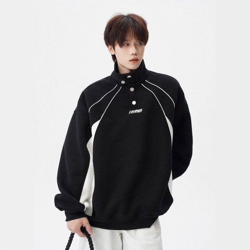 潮套头加厚美式拼接设计感学院风撞色外套男卫衣立领冬季情侣上衣