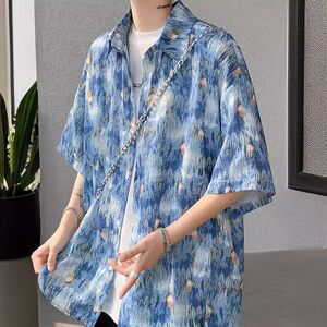 短袖衬衫复古冰丝花扎染chi衬衣