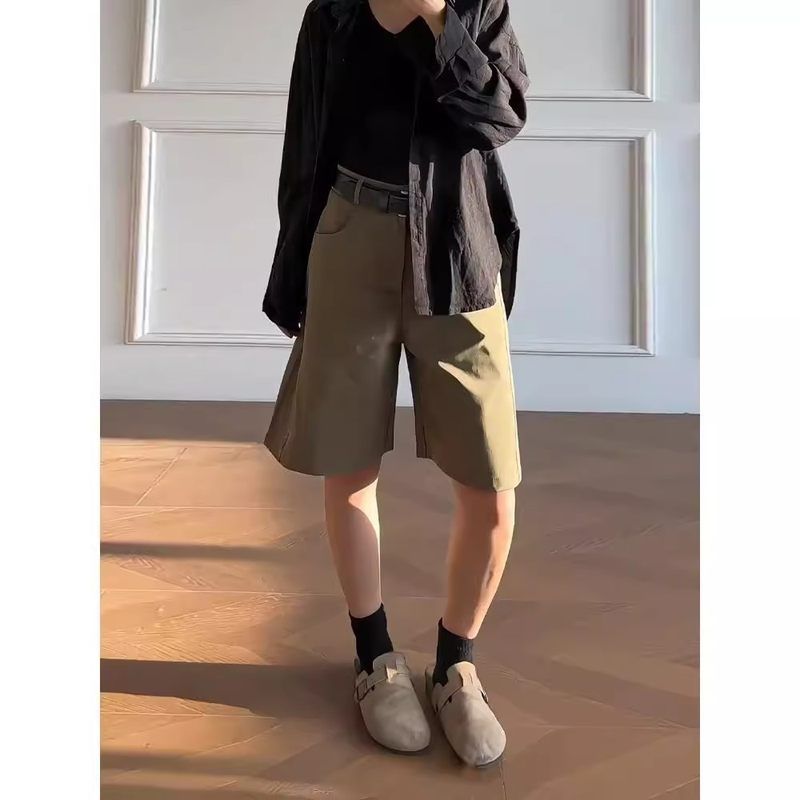 男宽松美式子西裤短裤夏季军绿色弯刀中裤五分阔腿直筒裤薄款女款