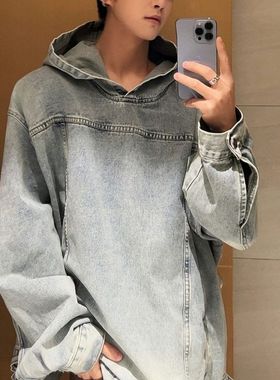 潮国潮蓝色拼接ins男女美式水洗连帽牛仔衣复古情侣牛仔做旧卫衣