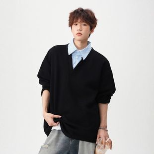 宽松设计感美式t恤卫衣衬衫领外套校园男女风秋季假两件长袖百搭