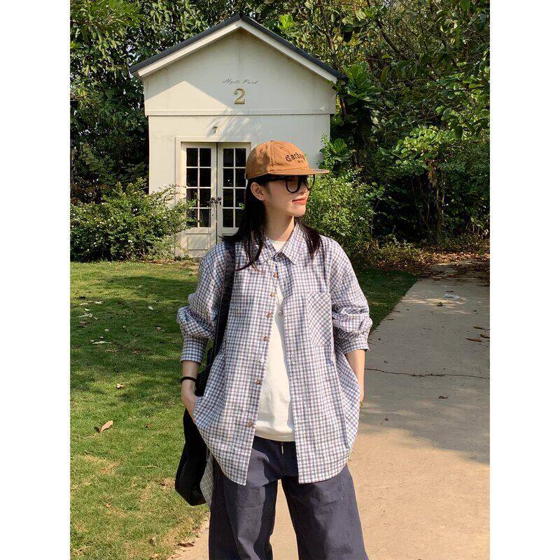 格子衬衫薄款蓝色男款长袖慵懒情侣夏季开衫韩系潮流美式衬衣外套