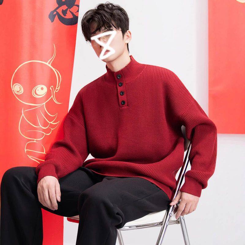 毛衣外套本命年高级感针织衫男立领保暖搭马年内2026红色秋冬新款