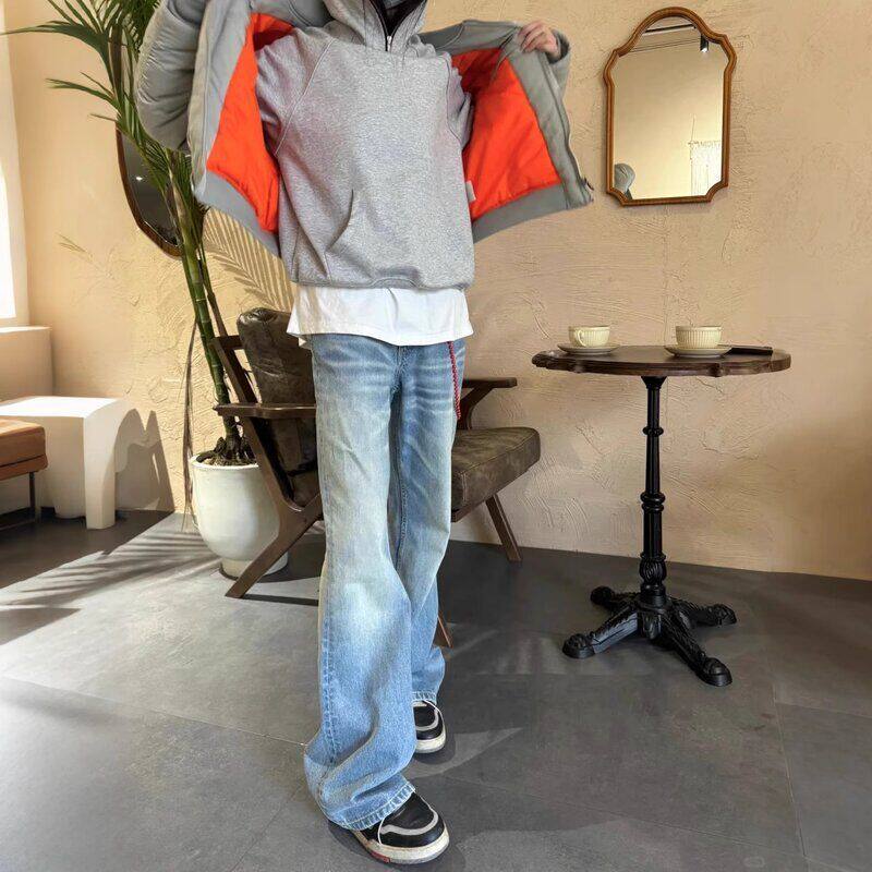 水洗浅蓝色复古男女弯刀高级感美式痞帅闪电直筒休闲裤牛仔裤微喇