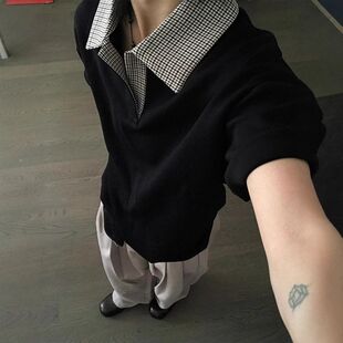 正肩夏季colop美式let恤衫短袖拼接千鸟格高街anfit男款半袖翻领