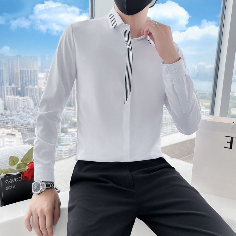 休闲白衬衣寸衫高级感长袖衬衫发型师短袖男衣服秋季潮流ins痞帅