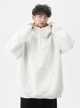 秋冬男纯色外套百搭休闲高街连帽卫衣拉链美式半灰色重磅440g潮牌