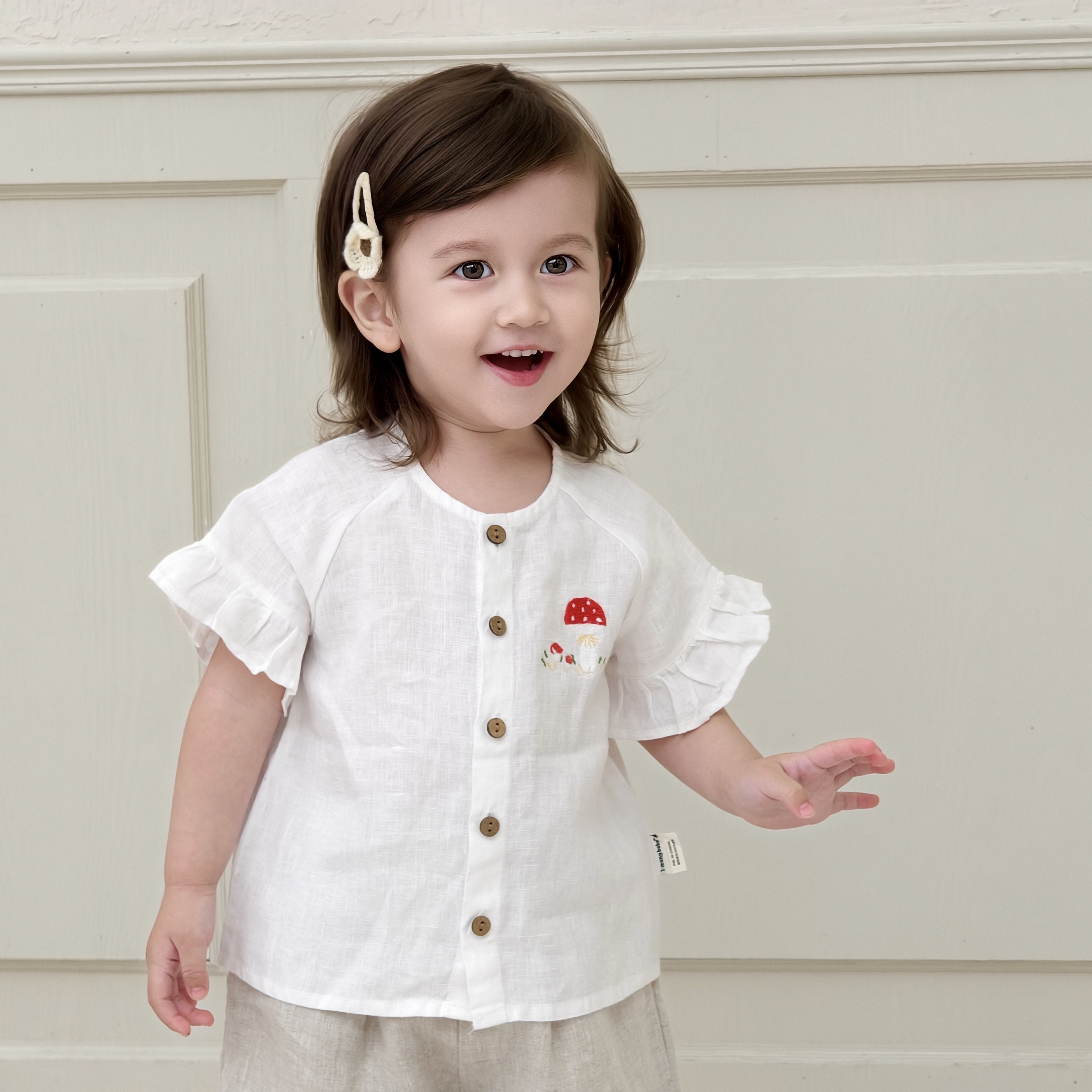 法国进口亚麻女宝宝短袖上衣衬衫夏季薄款开衫花边袖女童小爱丽丝