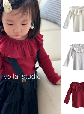 mar莫代尔花边领上衣春秋女童打底长袖女宝宝荷叶边坑条弹力北欧