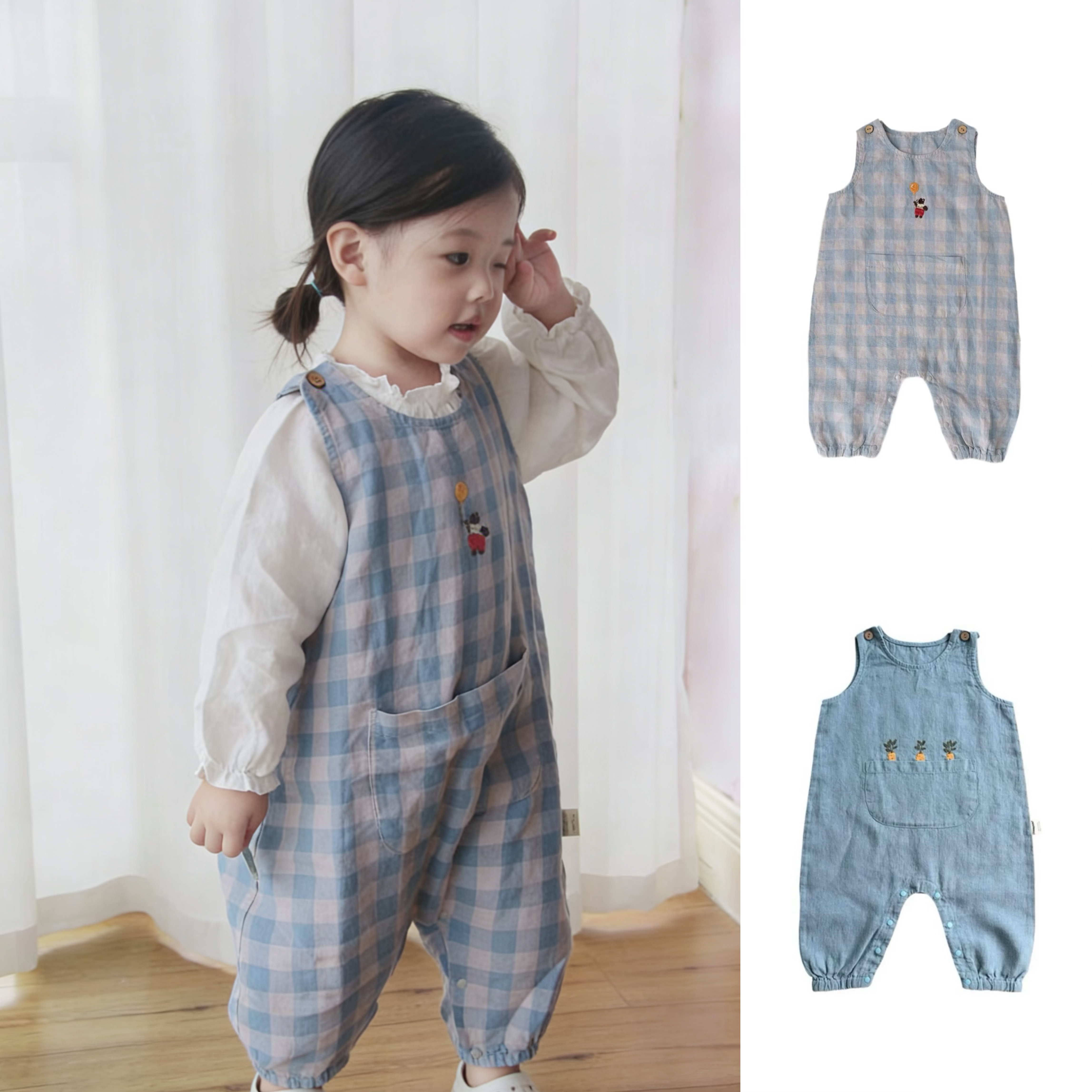 法国进口亚麻宝宝无袖爬服婴儿背心连体衣春夏薄款背带裤小爱丽丝