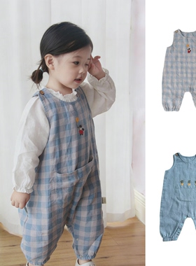 法国进口亚麻宝宝无袖爬服婴儿背心连体衣春夏薄款背带裤小爱丽丝