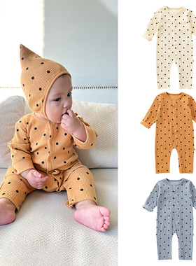 ins网红北欧风2024宝宝春季纯棉圆点连体衣婴儿衣服哈衣长袖爬服