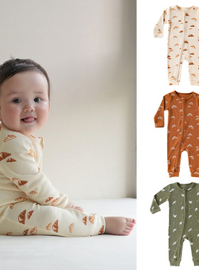 ins北欧风男女宝宝连体衣a类婴幼儿哈衣春秋款纯棉长袖拉链爬服