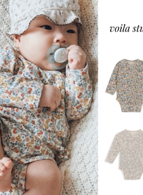 ins北欧风复古碎花女宝宝长袖包屁衣无骨三角哈衣春秋冬婴儿打底