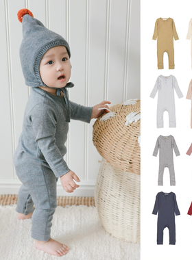 婴儿连体衣莫代尔棉坑条纯色宝宝长袖爬服睡衣A类无骨mar春秋冬