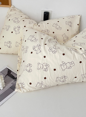 卡通ins风可爱小熊枕套一对双层纱水洗棉48x74cm单人枕头套内胆套