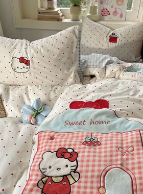 ins可爱猫咪少女心贴布绣水洗棉四件套简约床单人被套宿舍三件套