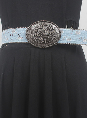 美式辣妹y2k蓝色牛仔腰带女复古雕花小众设计感皮带百搭配饰高级