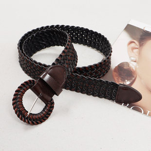 小众复古简约设计ins博主同款宽边黑色编织皮带免打孔pu皮革腰带