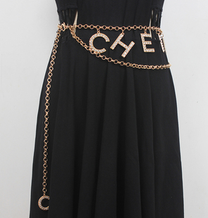 网红小香风金属镶钻字母腰链女ins百搭配连衣裙裤子腰间链条装饰