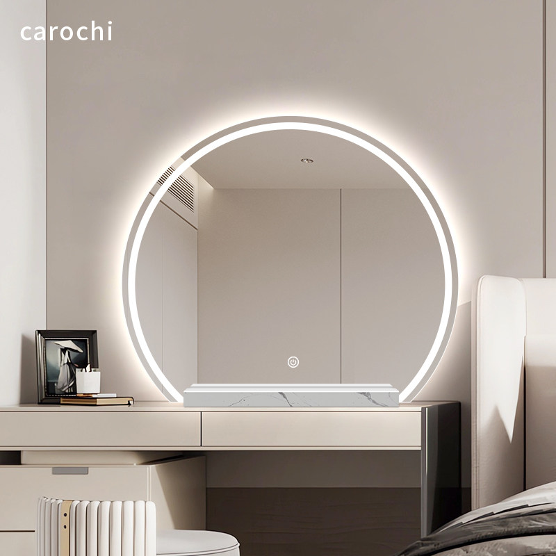 半圆形镜子led带灯智能化妆镜桌面台式带底座立式主卧大号化妆镜