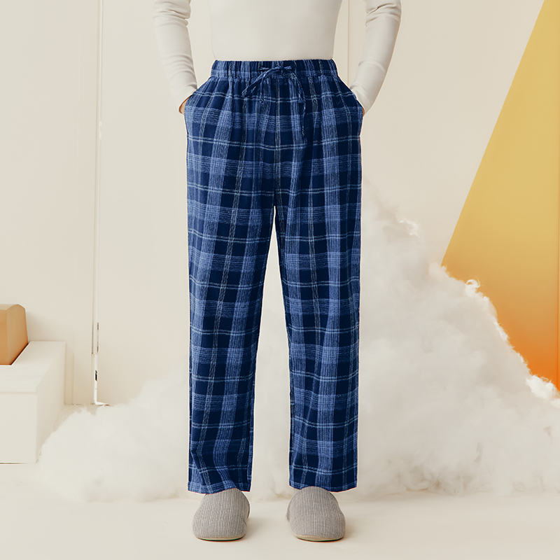 三枪睡裤男秋季纯棉绒布中年格子