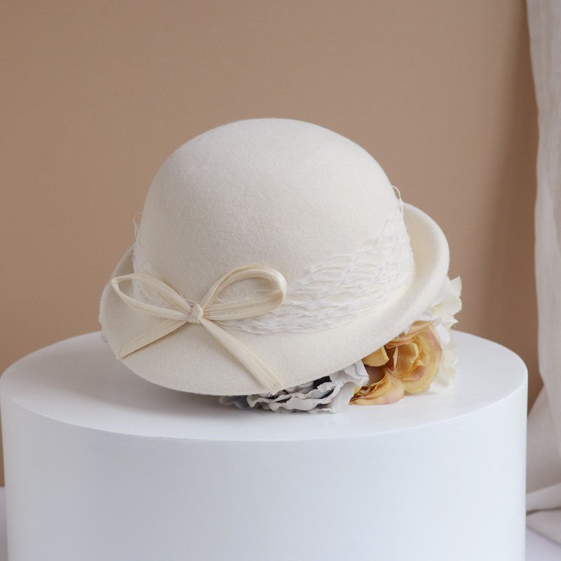 帽子女秋冬高端法式千金小礼帽白色贵妇帽羊毛贝雷帽洋气复古盆帽