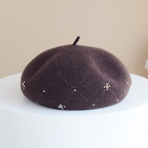 贝雷帽女秋冬珍珠保暖帽子显脸小