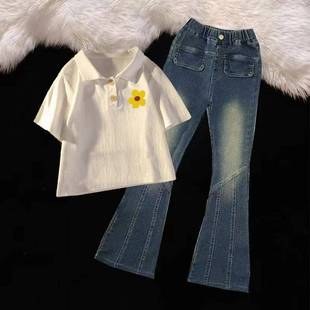 新款 套装 两件套装 女童纯棉t恤polo衫 牛仔裤 短袖 夏季 中大童打底衫