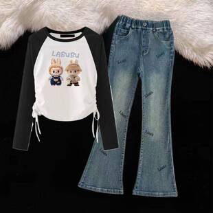 初中生新款秋季套装拉布布印花长袖显瘦高腰牛仔喇叭裤少女两件套