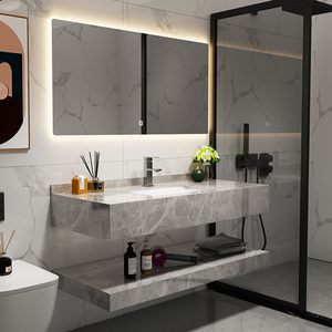 现代简约双层亮面岩板浴室柜组合智能套装洗漱台家用卫生间洗手盆