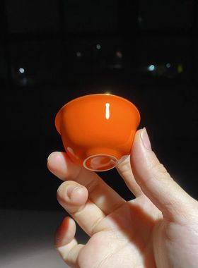 潮州高骨瓷橙色杯子30cc潮汕工夫小反口杯子蛋壳杯家用客杯