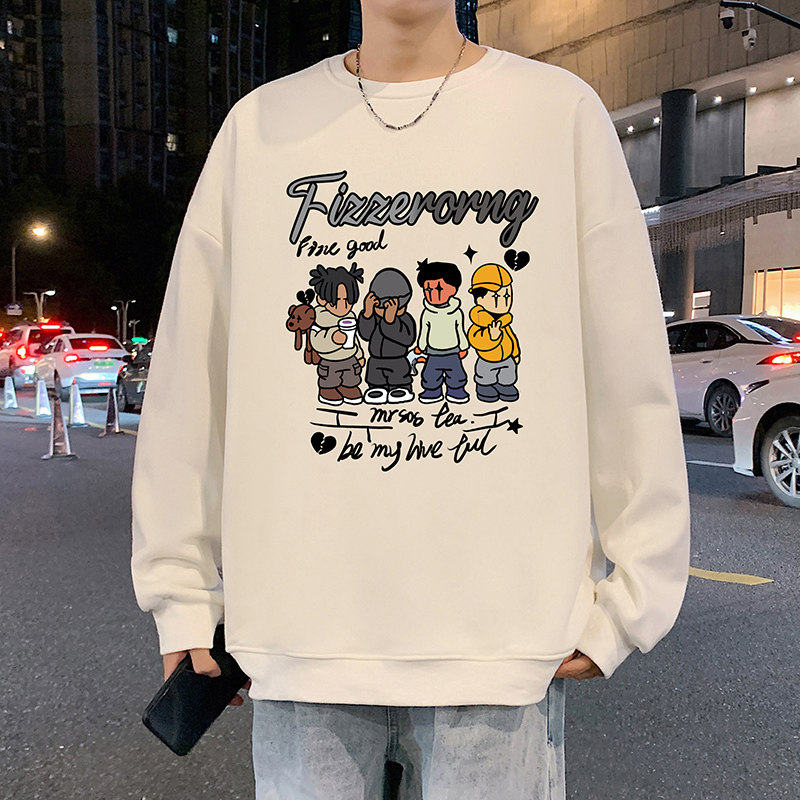 重磅美式卡通圆领卫衣男秋冬季2026新款设计感宽松无帽情侣打底衫