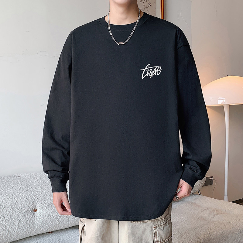 秋冬季新款纯棉圆领长袖t恤男港风潮牌字母印花内搭基础款打底衫