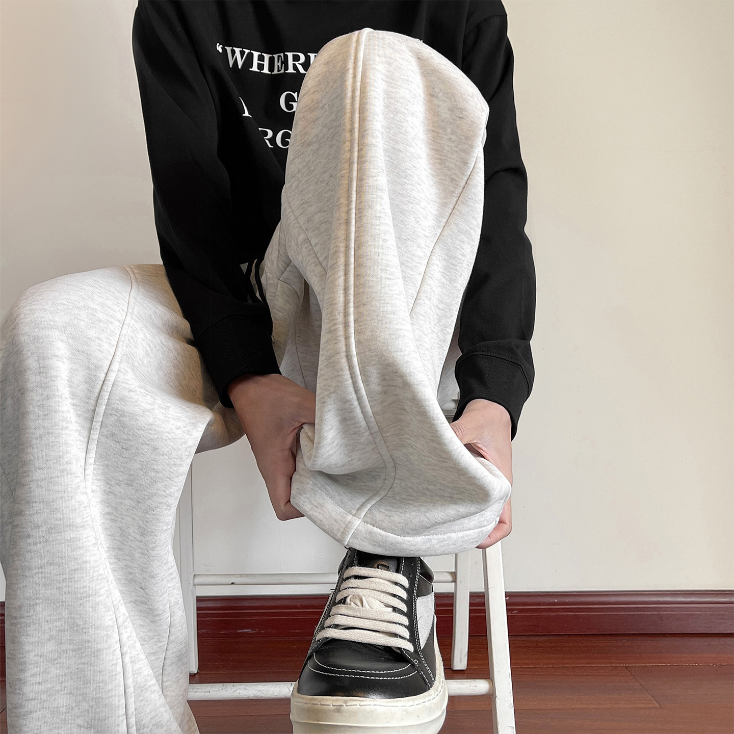 美式重磅弯刀裤男秋冬季新款加绒阔腿裤子cleanfit健身运动休闲裤