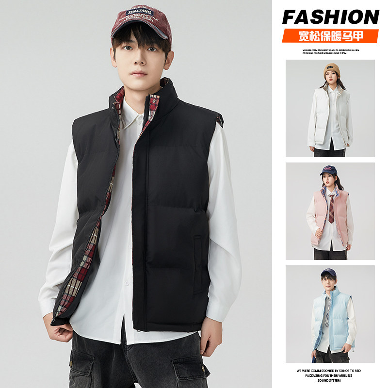 美式cleanfit马甲男秋冬季潮牌格纹立领坎肩外套运动外穿棉服上衣