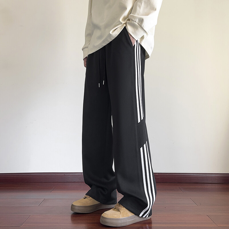 条纹撞色卫裤男秋冬季新款潮牌美式阔腿裤宽松休闲运动百搭直筒裤