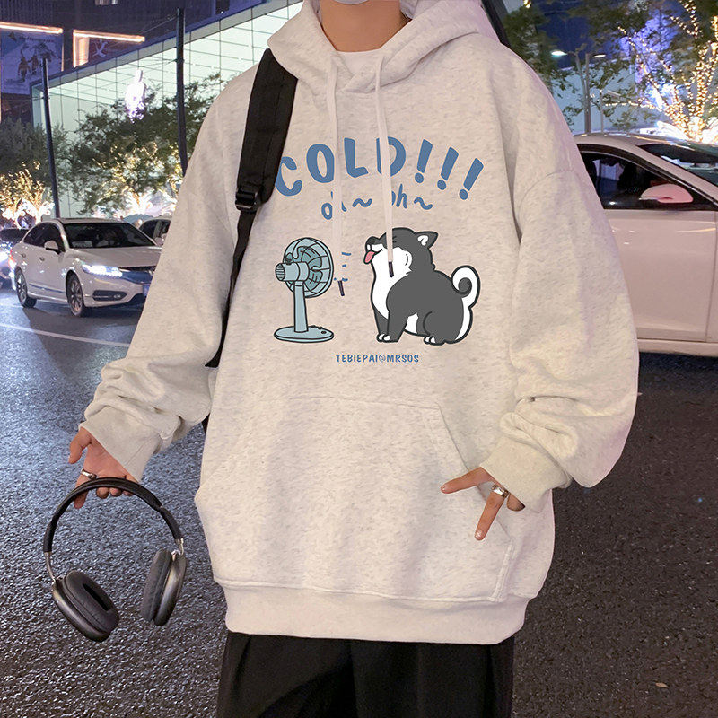 美式重磅卫衣男猫咪印花连帽上衣慵懒风ins宽松垂坠感套头帽衫潮