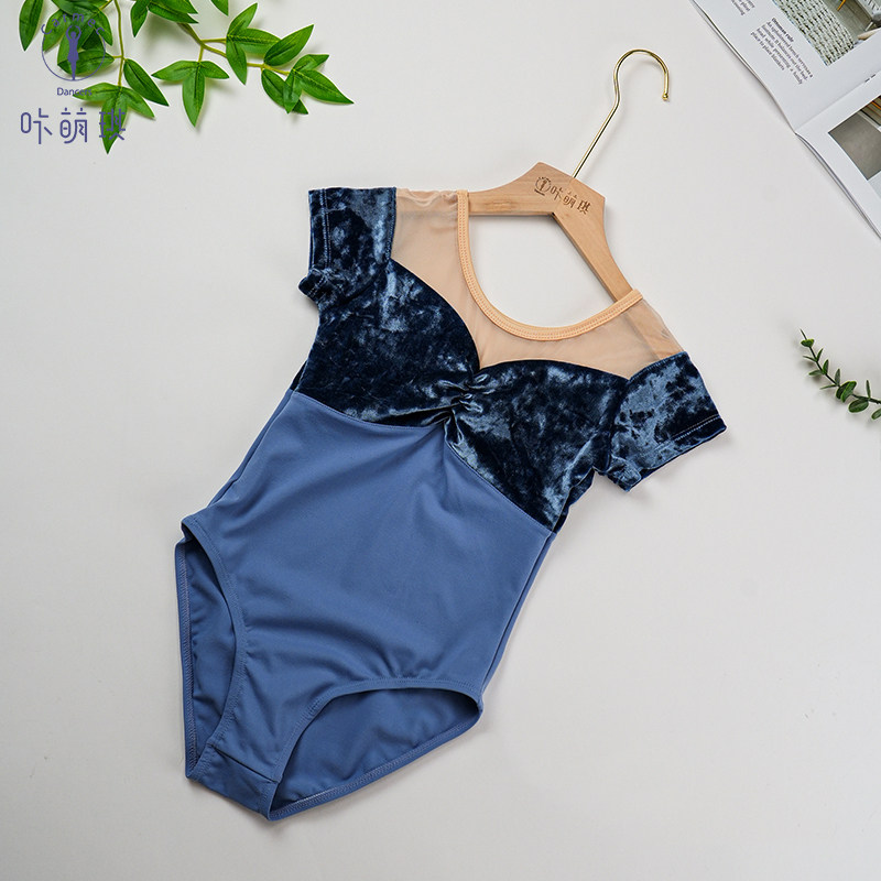 咔萌琪儿童芭蕾舞服女冰花绒拼接短袖舞蹈服艺考体操服成人形体服