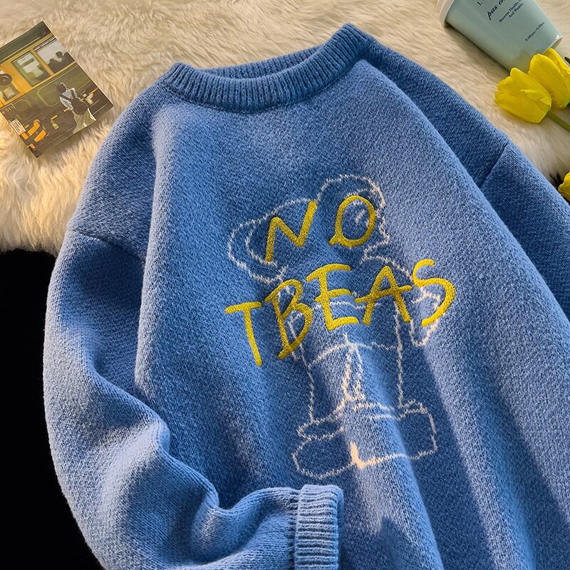 Men's and Women's Autumn/Winter Thick Knitted Trendy Personality Letter Embroidered Round Neck Sweater Pure Deer Antler_voghion.com