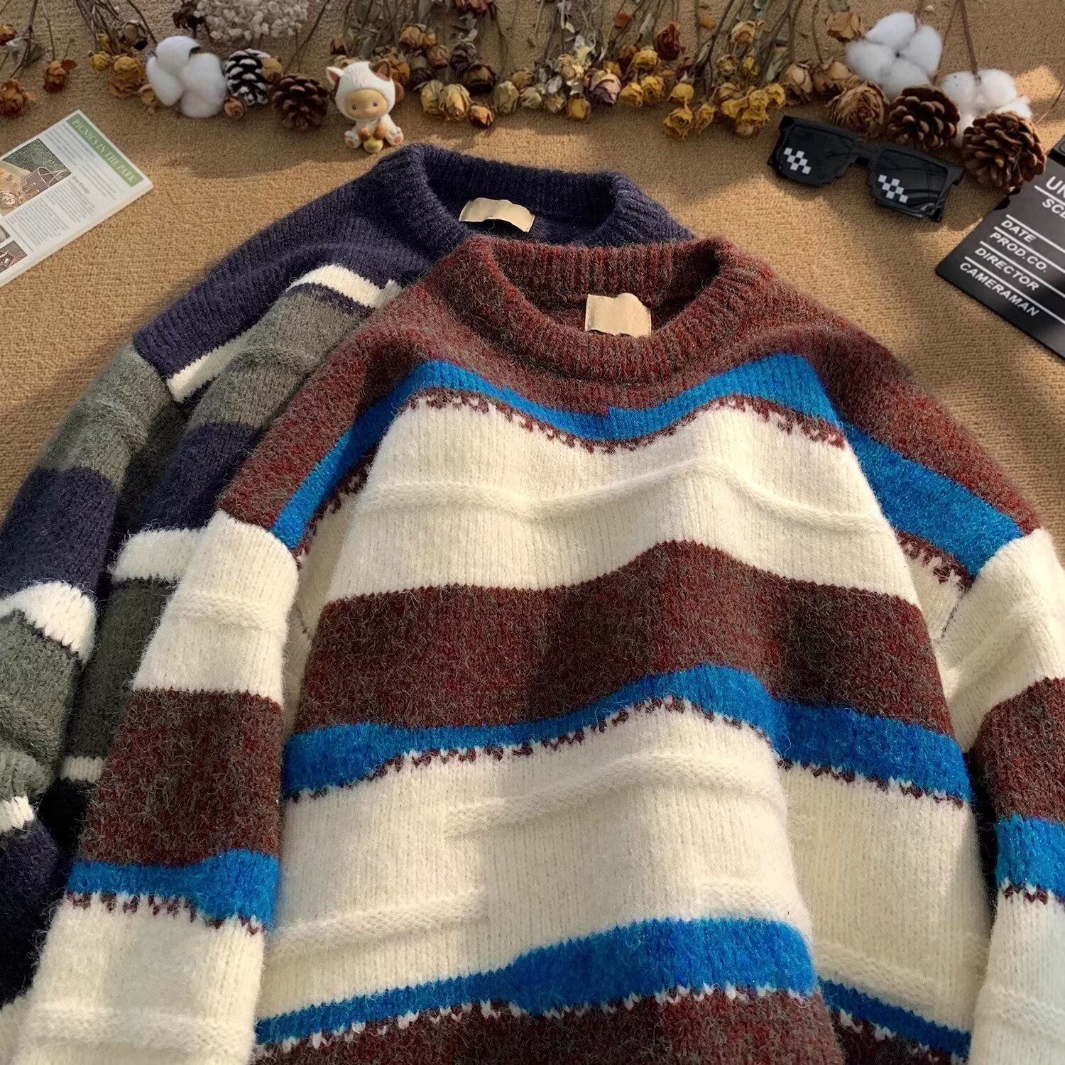 Minimalistischer Streifen-Pullover, vielseitig einsetzbar, Harajuku, lässige Strickmode, trendiger Hirschplüsch 610A-2-M23-P58_voghion.com