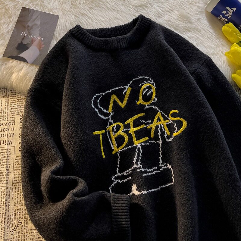 Men's and Women's Autumn/Winter Thick Knitted Trendy Personality Letter Embroidered Round Neck Sweater Pure Deer Antler_voghion.com