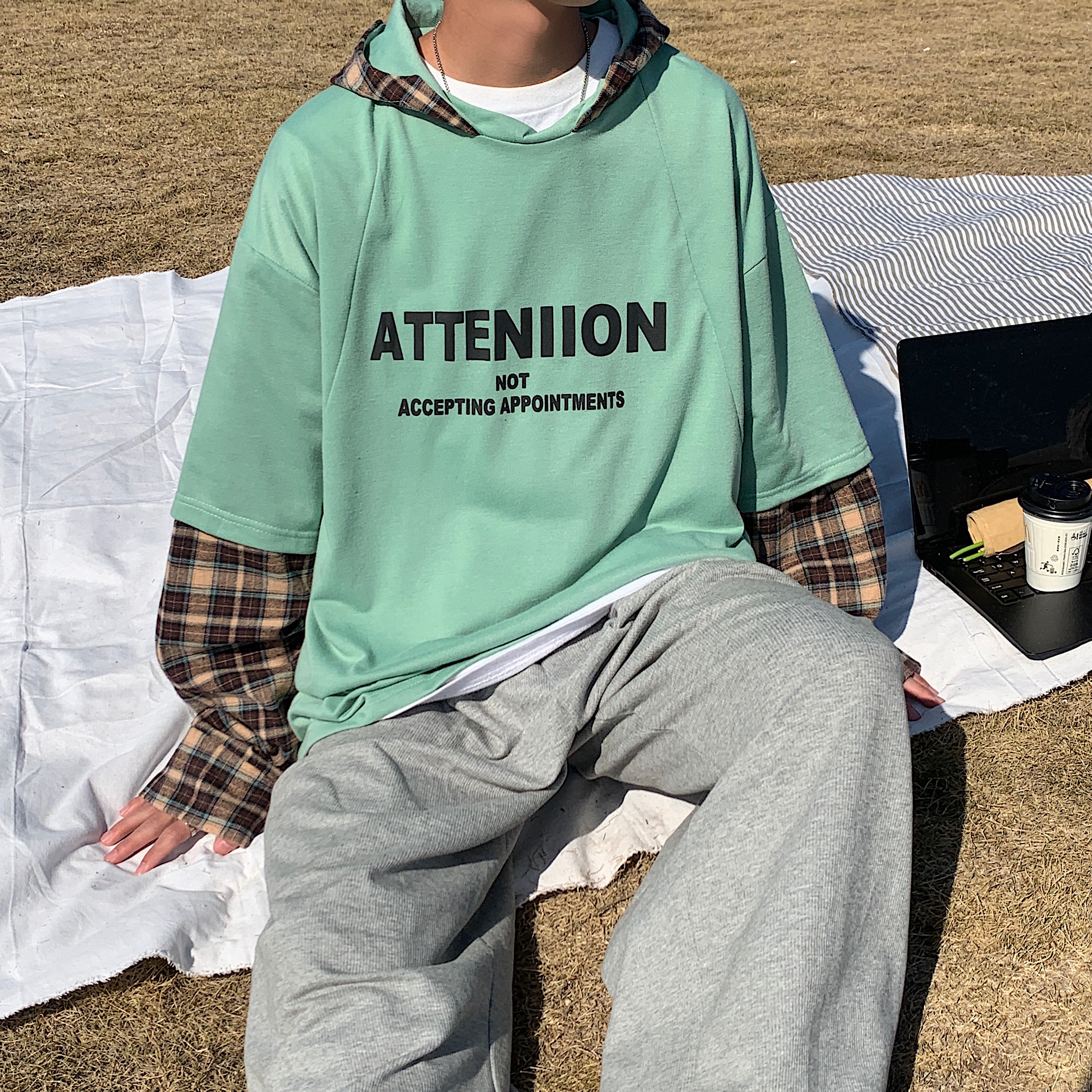 21 spring new Hong Kong style letter plaid shirt T-shirt fake two Hooded Sweater