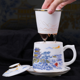 羊脂玉江南春色陶瓷办公马克杯带盖茶叶罐大容量水杯节日礼品定制