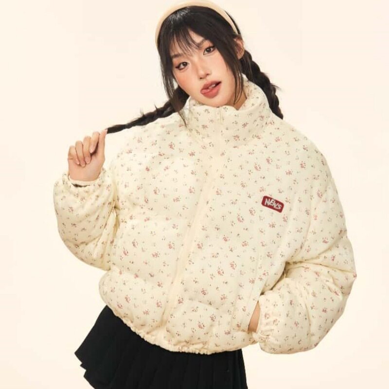 2026年新款美式复古小碎花满印立领短款棉服女冬季加厚面包服外套