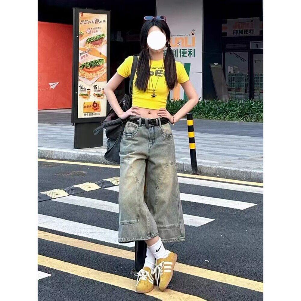美式做旧七分牛仔短裤女