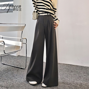 格雷系灰色毛呢西裤女秋冬保暖中高腰阔腿长裤正装职场商务直筒裤