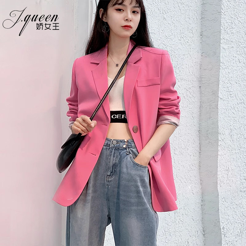 粉色西装外套女秋季宽松显瘦气质洋气时尚网红炸街休闲短袖小西服